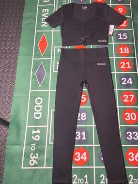 NWT Sommer Ray Black Ribbed Two Piece Set Medium High Waist Pants Crop Tee